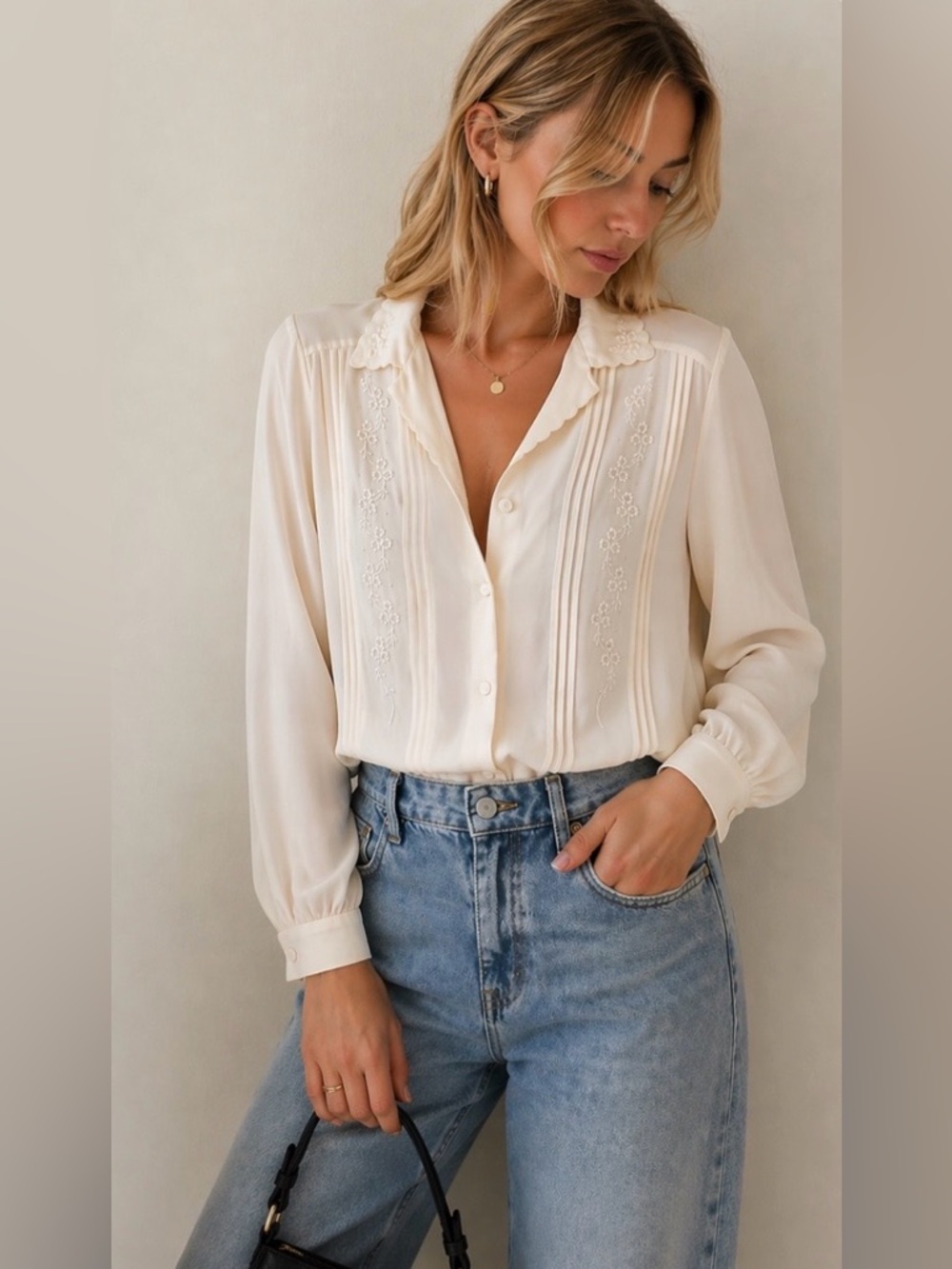 Vintage Embroidered Cream Blouse Romantic European Style, Small